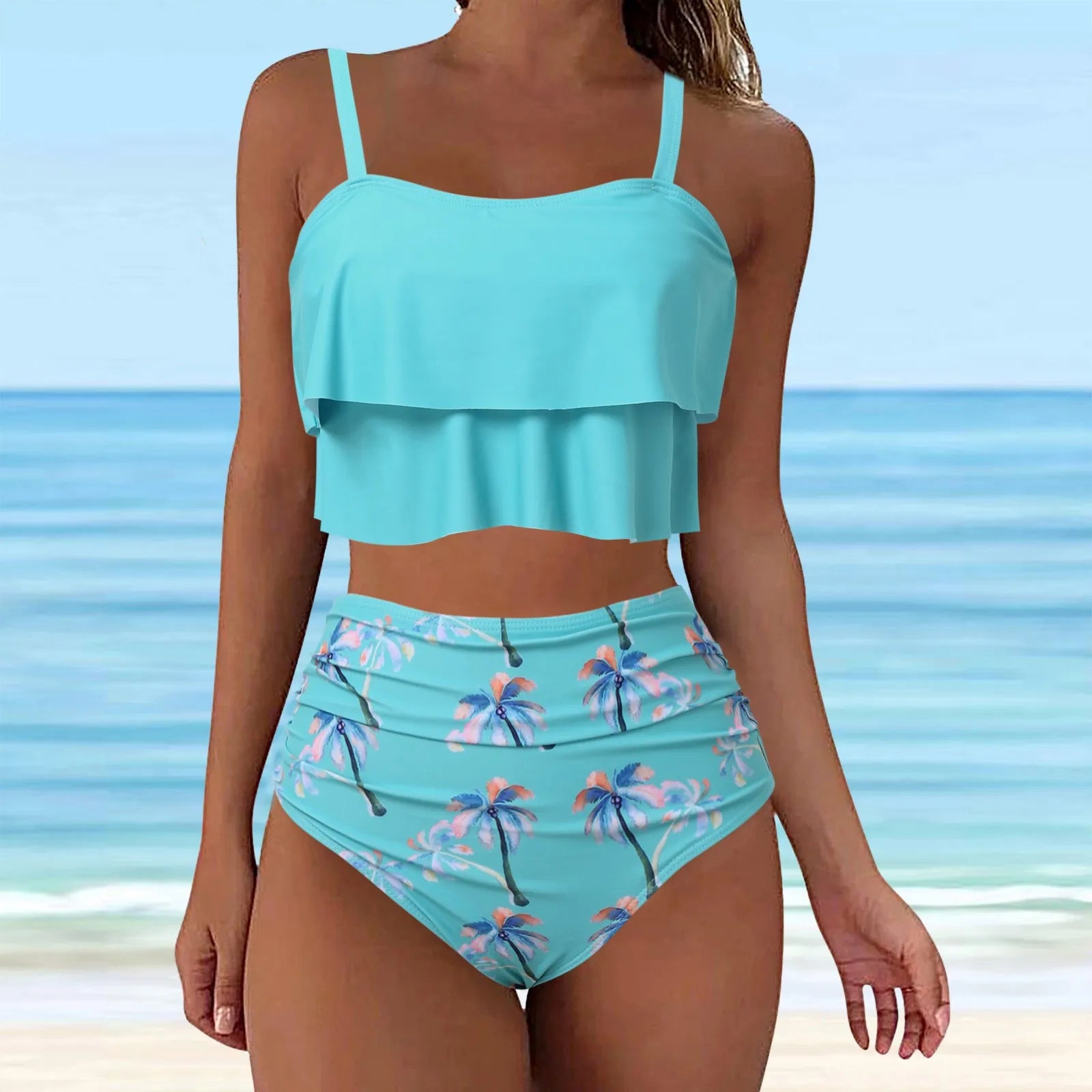 Fashion Full Coverage Women's Ruffle Top & High Waisted Bikini Swimsuit